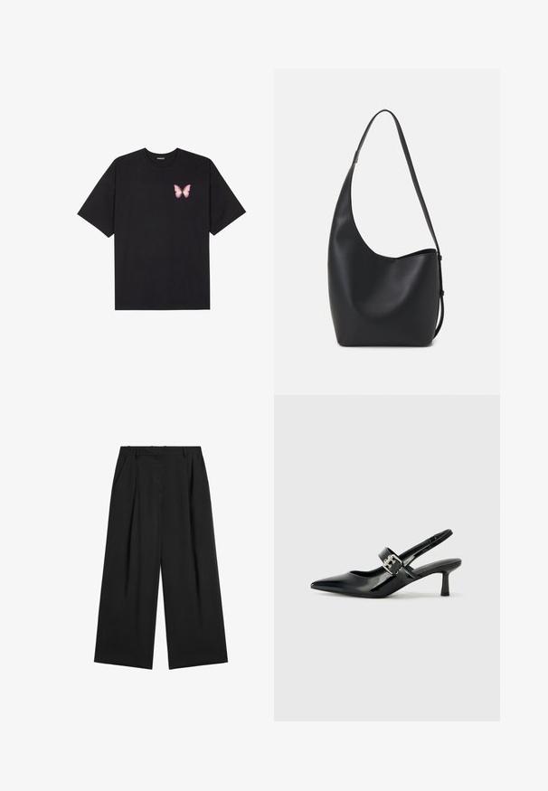 Black cotton t-shirt with short sleeves, featuring a small pink butterfly graphic on the left chest. Crew neck design with a relaxed fit.; Black wide-leg trousers with a pleated front, crafted from lightweight fabric. Features a high waist and smooth texture. No visible embellishments.; Black patent leather slingback heels with a pointed toe and a small block heel, featuring a silver buckle accent on the strap.; Black leather hobo bag with a smooth texture, curved shape, and single adjustable strap; features a wide opening at the top.