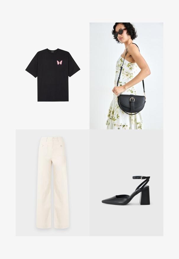 Fekete pamut póló rövid ujjakkal, bal mellkason egy kis rózsaszín pillangó grafikával. Kerek nyakú kialakítás, laza fazonnal.; Széles lábú nadrág, elefántcsont színű pamutból. Magas derékkal rendelkezik, hátul két zseb található fém gombokkal, és tiszta, sima textúrája van.; Fekete bőr, hegyes orrú magassarkú cipő boka pánttal és vastag sarokkal. Sima textúra, elegáns dizájn és minimális esztétika.; Fekete bőrtáska ívelt formával, levehető pánttal és arany színű fémrészekkel. A táskán egy csattal díszített fedél található.