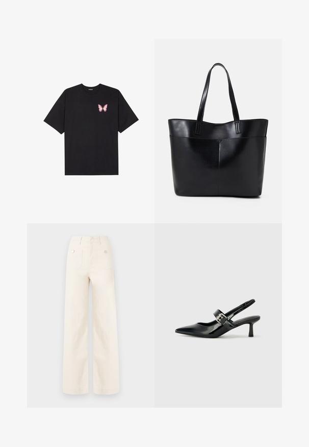 Tricou negru din bumbac cu mâneci scurte, având pe partea stângă a pieptului un mic grafic cu un fluture roz. Design cu guler rotund și croială lejeră.; Pantaloni largi din bumbac crem. Prezintă o talie înaltă, două buzunare pe spate cu butoane metalice și o textură curată, netedă.; Sandale cu toc din piele patent neagră, cu vârful ascuțit și un toc mic bloc, având un accent cu cataramă argintie pe curea.; Geantă oversized din piele neagră, cu două mânere lungi, de textură netedă și formă structurată. Are un buzunar frontal pentru stocare suplimentară.
