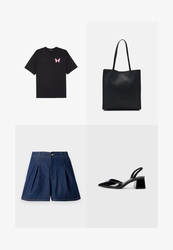 Fekete pamut póló rövid ujjakkal, bal mellkason egy kis rózsaszín pillangó grafikával. Kerek nyakú kialakítás, laza fazonnal.; Sötétkék denim bermuda nadrág, pliszírozott, gombos záródással és oldalsó zsebekkel. Jellemzője a látható varrás és a sima textúra.; Fekete lakk bőr szandálkés magas sarkú cipő, hegyes orral és geometrikus tömbsarkakkal. Karcsú, minimalista dizájn és sima textúra jellemzi.; Fekete bőrtáska sima felszínnel, téglalap alakú, két hosszú füllel. Nincs látható fémkiegészítő vagy díszítés.
