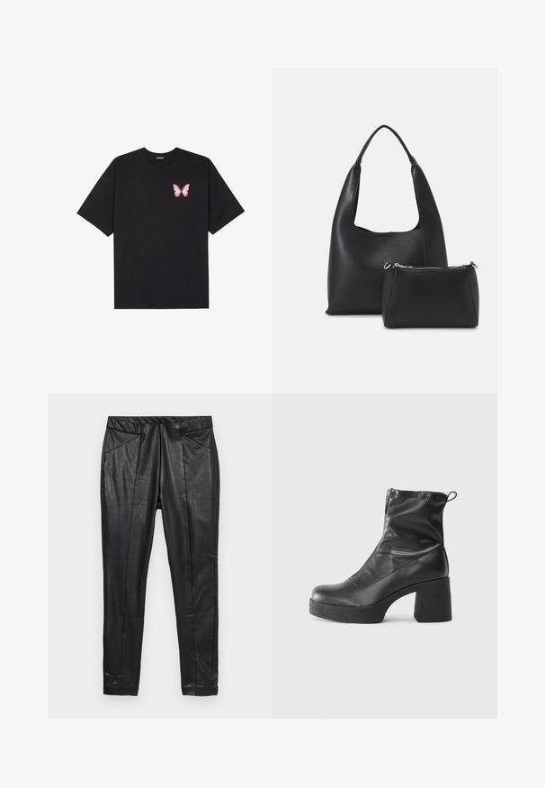 Črna bombažna majica s kratkimi rokavi, ki ima majhen roza metuljček na levi strani prsnega dela. Majica s krožnim ovratnikom in sproščenim krojem.; Črne usnjene hlače s slim fit krojem, ki imajo elastični pas in dva sprednja žepa s šivanimi detajli. Gladka, teksturirana površina.; Črne gležnjarje iz gladke kože z božnim zadrgo, masivnim teksturiranim peto in zaobljeno obliko prstov.; Even&Odd Torbica - black