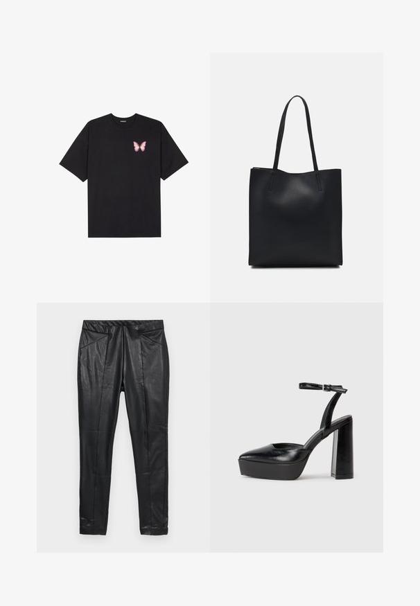 Črna bombažna majica s kratkimi rokavi, ki ima majhen roza metuljček na levi strani prsnega dela. Majica s krožnim ovratnikom in sproščenim krojem.; Črne usnjene hlače s slim fit krojem, ki imajo elastični pas in dva sprednja žepa s šivanimi detajli. Gladka, teksturirana površina.; Črne platforme z visokimi petami in koničastim nosom ter nastavljivim gležnjenjskim trakom. Narejene iz gladke usnje, s kockasto peto.; Črna usnjena torba s svilnato teksturo, pravokotne oblike in dvema dolgima ročajema. Brez vidnih metalnih delov ali okrasnih elementov.