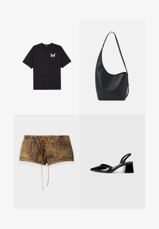 Melna kokvilnas T-krekls ar īsām piedurknēm, kuram priekšā kreisajā pusē ir neliels rozā tauriņa grafiskais attēls. Ar apaļu kaklu un brīvā stila piegriezumu.; Brūni šorts ar auklēm, ar teksturētu virsmu un kontrastējošām gaiši brūnām auklēm. Iekļauj acs caurumus un pieguļošu dizainu, nodrošinot ciešu izskatu.; Melna lakota āda ar atvērto papēdi, ar smailu purngalu un ģeometrisku blokpapēdi. Iezīmējas elegants, minimāls dizains un gluda tekstūra.; Melnas ādas hobo soma ar gludu tekstūru, izliekta forma un vienu regulējamu jostu; augšā ir plaša atvere.