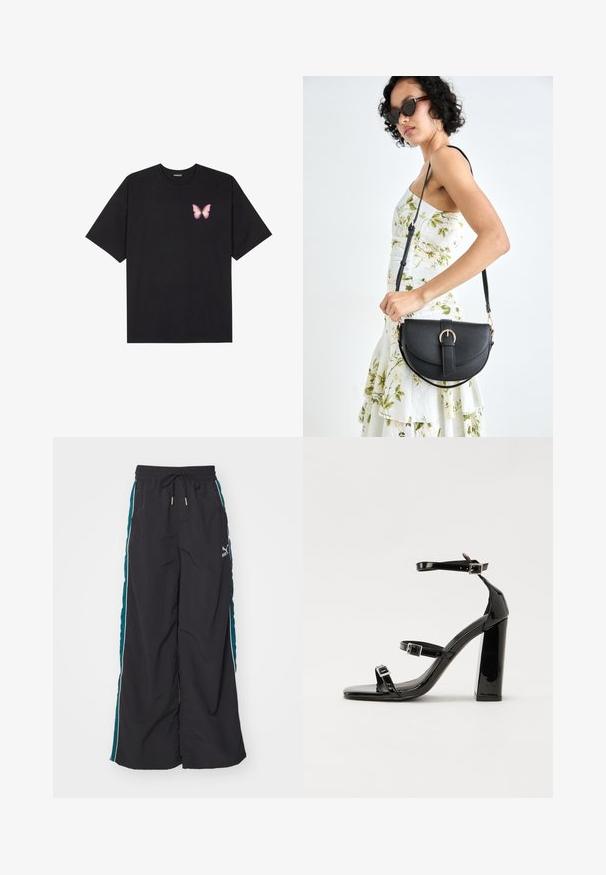 Čierne bavlnené tričko s krátkymi rukávmi, s malým ružovým motýlikom na ľavej hrudi. Design s okrúhlym výstrihom a uvoľneným strihom.; Čierne široké nohavice s elastickým pásom, tehlovými bočnými panelmi a bielymi akcentnými pruhmi. Vyrobené z hladkého, ľahkého materiálu.; Čierne lakované sandále na podpätku so štvorcovou špičkou, navlečenými remienkami okolo členku a striebornými prackami. Disponujú masívnym blokovým podpätkom pre stabilitu.; Čierna kožená kabelka s zaobleným tvarom, odnímateľným popruhom a zlatými doplnkami. Kabelka má klopu s detailom s prackou.