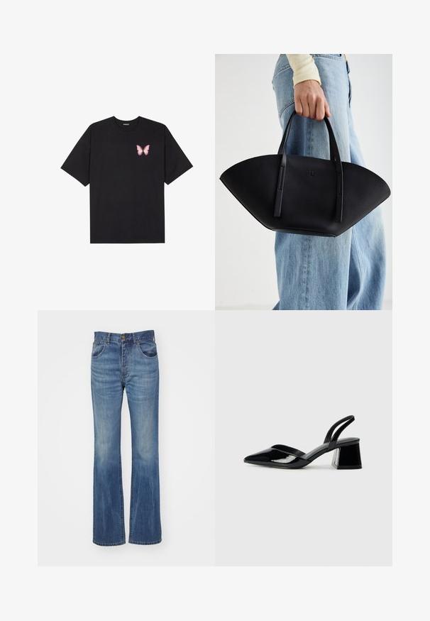 Melna kokvilnas T-krekls ar īsām piedurknēm, kuram priekšā kreisajā pusē ir neliels rozā tauriņa grafiskais attēls. Ar apaļu kaklu un brīvā stila piegriezumu.; Izplūduši zils džinsi ar vidēju mazgāšanu, kas piedāvā augstu jostasvietu, jostu cilpas un priekšējās kabatas. Gluda tekstūra ar minimālu nolietojumu.; Melna lakota āda ar atvērto papēdi, ar smailu purngalu un ģeometrisku blokpapēdi. Iezīmējas elegants, minimāls dizains un gluda tekstūra.; Melnas ādas rokassoma ar unikālu ventilatora formu, aprīkota ar plakaniem rokturiem. Virsma ir ar graudainu faktūru un minimālistisku dizainu.