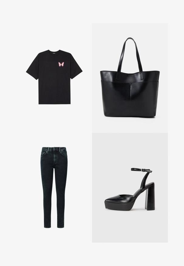 Juodas medvilnės marškinėliai trumpomis rankovėmis, su maža rožine drugelio grafika kairėje krūtinės pusėje. Apvalus kaklo iškirpimas, laisvas kirpimas.; Juodi džinsai-suknelės su klasikinėmis penkiomis kišenėmis, užtrauktuku priekyje ir subtiliais plovimo akcentais priekyje.; Juodi platforminiai aukšti kulniukai su smailiu kojų pirštu ir reguliuojamu kulkšnies dirželiu. Pagaminti iš lygaus odos, turi masyvų blokinį kulną.; Juoda odinė rankinė su dviem ilgais diržais, lygiu paviršiumi ir struktūrizuota forma. Yra priekinė kišenė papildomam saugojimui.