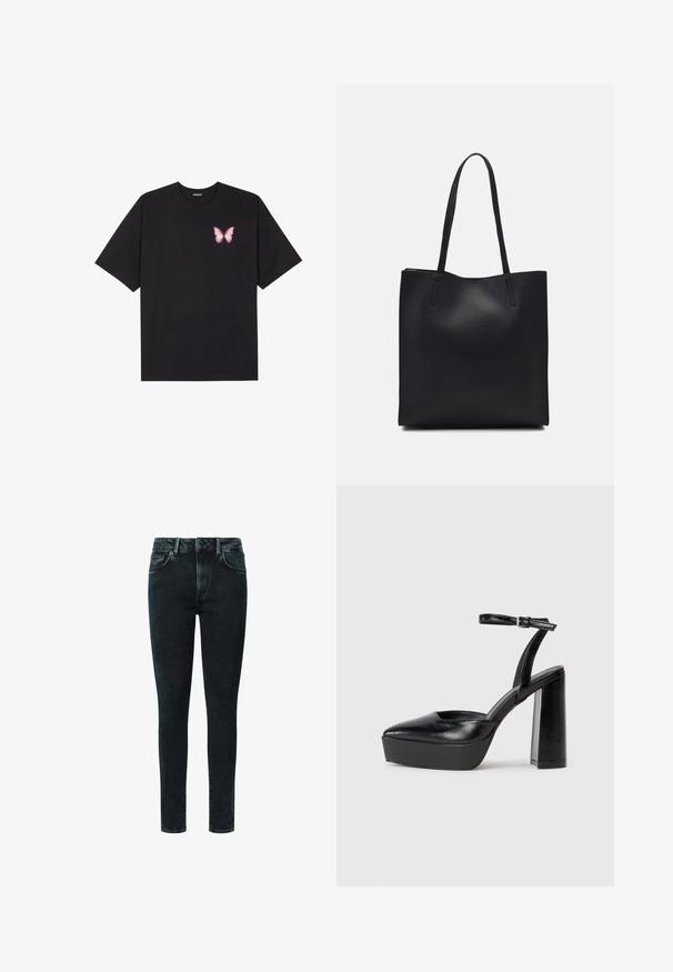 T-shirt de algodão preto com mangas curtas, apresentando um pequeno gráfico de borboleta rosa no lado esquerdo do peito. Design de gola redonda com um corte solto.; As calças skinny de denim preto apresentam um clássico design de cinco bolsos, fecho de zip e detalhes de desgaste sutis na parte da frente.; Saltos altos pretos com bico fino e atilho ajustável no tornozelo. Confeccionados em couro suave, apresentam um salto bloco robusto.; Bolsa tote preta em couro com textura lisa, forma retangular e duas alças longas. Sem hardware ou enfeites visíveis.