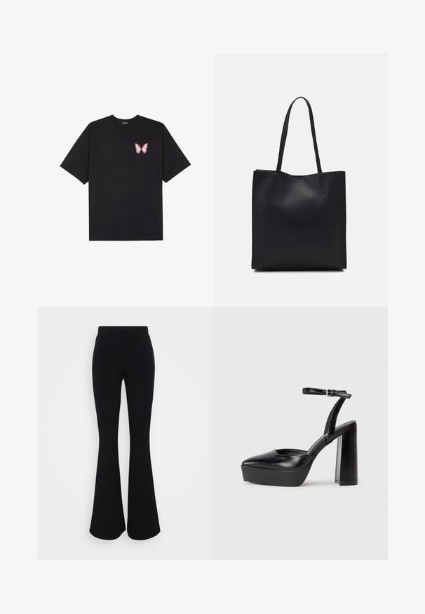 Czarny bawełniany t-shirt z krótkim rękawem, z małym różowym motylkiem na lewej piersi. Klasyczny dekolt z luźnym fasonem.; Czarne spodnie o szerokim fasonie z gładką teksturą, wysokim pasem i szerokimi nogawkami, które stopniowo rozszerzają się od kolana.; Czarne platformy na wysokim obcasie z szpiczastym noskiem i regulowanym paskiem na kostkę. Wykonane z gładkiej skóry, z grubym słupkowym obcasem.; Czarna skórzana torba tote o gładkiej fakturze, prostokątnym kształcie i dwóch długich uchwytach. Brak widocznych elementów metalowych i ozdób.