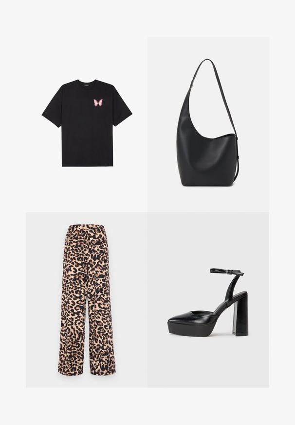 Musta puuvillapaita lyhyillä hihoilla, jossa on pieni vaaleanpunainen perhosgrafiikka vasemmassa rinnassa. Pyöreä kaula-aukko ja rento istuvuus.; Laajakaitaiset housut pehmeästä kankaasta, jossa on leopardikuosi lämpimässä beigestä ja tummanruskeasta, joustovyötärö maksimaalisen mukavuuden takaamiseksi.; Mustat korkeat platform-kengät, joissa on terävä kärki ja säädettävä nilkkaremmi. Valmistettu sileästä nahasta ja varustettu paksulla lohkokorkeudella.; Musta nahkainen hobo-laukku, jossa on sileä pinta, kaareva muoto ja yksi säädettävä olkahihna; sisäänkäynti on leveä ylhäältä.