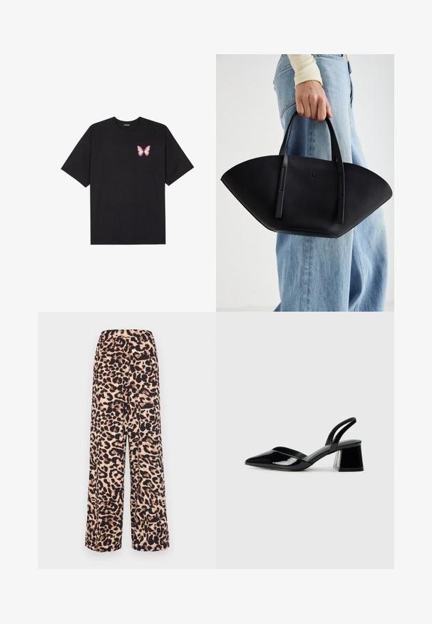 Fekete pamut póló rövid ujjakkal, bal mellkason egy kis rózsaszín pillangó grafikával. Kerek nyakú kialakítás, laza fazonnal.; Széles lábú nadrág puha szövetből, meleg bézs és sötétbarna leopárdmintával, kényelmes elasztikus derékrésszel.; Fekete lakk bőr szandálkés magas sarkú cipő, hegyes orral és geometrikus tömbsarkakkal. Karcsú, minimalista dizájn és sima textúra jellemzi.; Fekete bőr kézitáska egyedi legyezőformával, lapos füllel. A felülete kőriszerű textúrájú és minimalista dizájnnal rendelkezik.