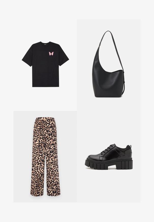 Must muströöpidega must puuvillane T-särk, vasakul rinnal on väike roosa liblikas. Ümar kaelus ja vabalt istuv lõige.; Laiad püksid, mis on valmistatud pehmest kangast, leopardimustriga sooja beeži ja tumeda pruuni värviga, millel on mugav elastne vöökoht.; Must musta platvormsussid paksu plokkninal, ümmarguse varbaga ja traditsioonilise nööridega kinnitamisega. Sussid on sileda tekstuuriga ja minimaalsete detailidega.; Mustast nahast hobo kott, millel on sile tekstuur, kumer kuju ja üks reguleeritav rihm; peal on lai avaus.