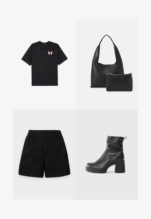 Juodas medvilnės marškinėliai trumpomis rankovėmis, su maža rožine drugelio grafika kairėje krūtinės pusėje. Apvalus kaklo iškirpimas, laisvas kirpimas.; Juodi medvilniniai šortai su elastinga juosmens juosta ir mygtuko užsegimu, turintys dvi priekinės kišenes ir tiesų kirpimą. Lygi tekstūra.; Juodos kulkšninių botai, pagaminti iš lygaus odos, su šoniniu užtrauktuku, masyviu tekstūruotu kulnu ir apvaliu pirštu.; Even&Odd Rankinė - black