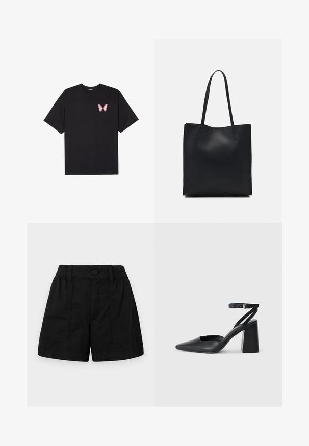 Svart bomulls T-skjorte med korte ermer, med en liten rosa sommerfugl grafikk på venstre bryst. Crew-neck design med en avslappet passform.; Svart bomullsshorts med elastisk linning og knappelukking, med to frontlommer og rett snitt. Glatt tekstur.; Svart lær pumps med spiss tå, ankelrem og kraftig hæl. Flat tekstur, strømlinjeformet design og minimalisme.; Svart lær tote bag med glatt tekstur, rektangulær form og to lange håndtak. Ingen synlige deler eller dekorasjoner.