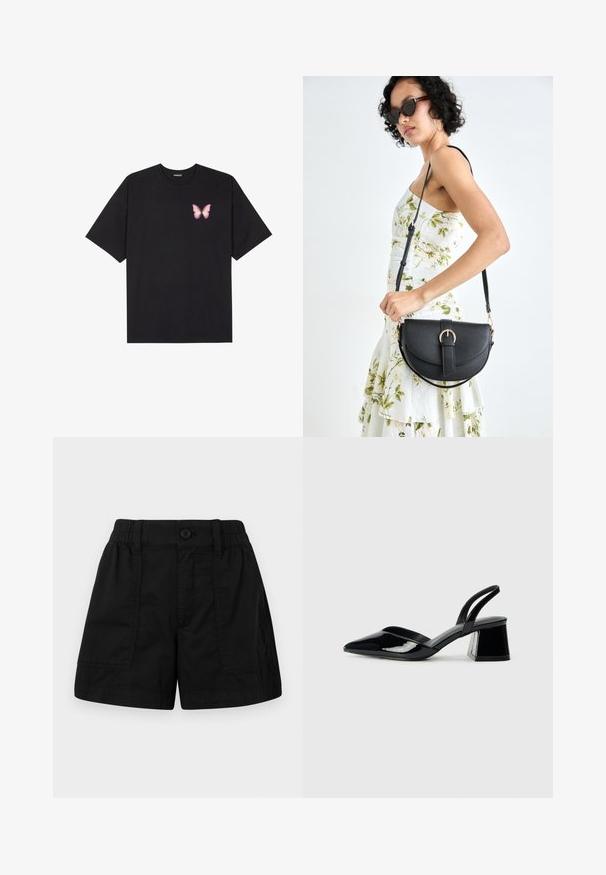 Czarny bawełniany t-shirt z krótkim rękawem, z małym różowym motylkiem na lewej piersi. Klasyczny dekolt z luźnym fasonem.; Czarne bawełniane szorty z elastycznym paskiem w talii i zapięciem na guzik, z dwoma przednimi kieszeniami i prostym krojem. Gładka faktura.; Czarne lakierowane półbuty na obcasie z wydłużonym noskiem i geometrycznym słupkiem. Charakteryzują się eleganckim, minimalistycznym designem oraz gładką fakturą.; Czarna skórzana torebka o zakrzywionym kształcie, z odpinanym paskiem i złotymi akcentami. Torebka posiada klapę z zapięciem w kształcie klamry.