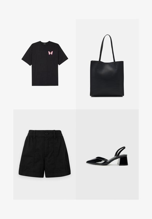 T-shirt en coton noir à manches courtes, avec un petit graphique de papillon rose sur la poitrine gauche. Modèle à col rond avec une coupe décontractée.; Shorts en coton noir avec une taille élastique et une fermeture à bouton, dotés de deux poches avant et d'une coupe droite. Texture lisse.; Escarpins en cuir verni noir avec bout pointu et talon bloc géométrique. Présente un design élégant et minimaliste ainsi qu'une texture lisse.; Sac fourre-tout en cuir noir avec une texture lisse, de forme rectangulaire et deux longues poignées. Pas de matériel ou d'ornementations visibles.