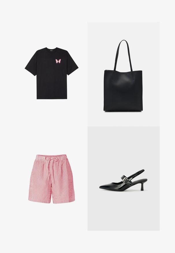Črna bombažna majica s kratkimi rokavi, ki ima majhen roza metuljček na levi strani prsnega dela. Majica s krožnim ovratnikom in sproščenim krojem.; Rdeče in bele črtaste hlače iz lahkotnega materiala, z vrvico za prilagajanje v pasu in teksturiranimi detajli ob straneh.; Črne patent usnjene slingback pete s koničastim nosom in majhnim blok peto, ki vključujejo srebrno zaponko na traku.; Črna usnjena torba s svilnato teksturo, pravokotne oblike in dvema dolgima ročajema. Brez vidnih metalnih delov ali okrasnih elementov.