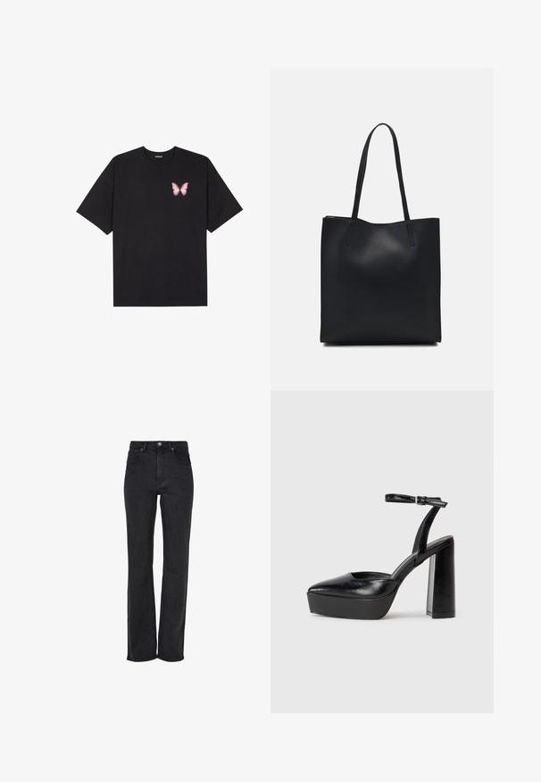 Juodas medvilnės marškinėliai trumpomis rankovėmis, su maža rožine drugelio grafika kairėje krūtinės pusėje. Apvalus kaklo iškirpimas, laisvas kirpimas.; Juodos tiesios kojų džinsai, aukštu liemeniu, pagaminti iš džinsinio audinio, su priekyje esančia mygtukų uždarymo sistema ir penkių kišenių dizainu, pasižyminčiu subtiliais siuvinėjimo akcentais.; Juodi platforminiai aukšti kulniukai su smailiu kojų pirštu ir reguliuojamu kulkšnies dirželiu. Pagaminti iš lygaus odos, turi masyvų blokinį kulną.; Juodas odinis tote krepšys su lygia tekstūra, stačiakampio formos ir dviem ilgais rankenomis. Matomų metalinių detalių ar puošybos nėra.