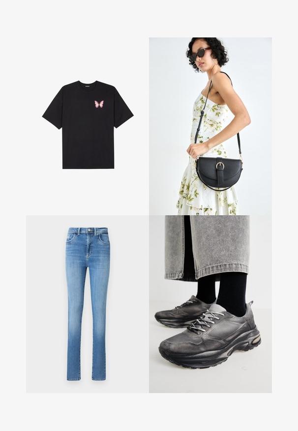 Camiseta de algodón negra de manga corta, con un pequeño gráfico de mariposa rosa en el lado izquierdo del pecho. Diseño de cuello redondo con un corte relajado.; Vaqueros de mezclilla azul deslavados con corte recto, cintura alta, cinco bolsillos y sutiles detalles de costura en la cintura y los dobladillos.; Las zapatillas deportivas en negro y gris cuentan con una parte superior de malla, suelas gruesas y cordones. Tienen una punta redondeada y un detalle de amortiguación visible.; Bolso de piel negra con forma curva, correa desmontable y herrajes dorados. El bolso cuenta con una solapa con un detalle de hebilla.