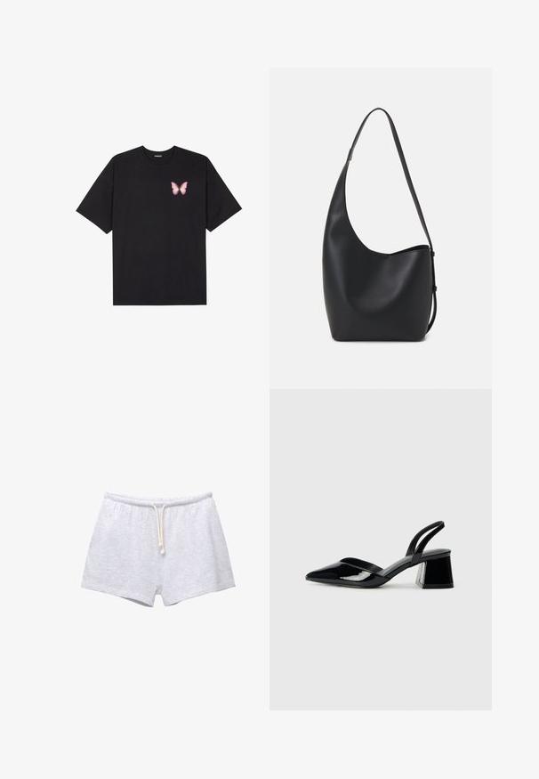 T-shirt nera in cotone con maniche corte, caratterizzata da una piccola grafica di una farfalla rosa sul lato sinistro del petto. Design a girocollo con una vestibilità rilassata.; Pantaloni corti grigi in cotone con vita elastica e cordoncino. Tessuto morbido e design semplice, privo di motivi o dettagli.; Décolleté in vernice nera con punta affusolata e tacco in geometria cubica. Presentano un design elegante e minimalista, con una texture liscia.; Borsa hobo nera in pelle con una superficie liscia, forma curvata e una singola tracolla regolabile; presenta un'ampia apertura nella parte superiore.