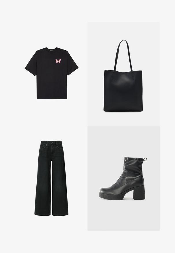 T-shirt de algodão preto com mangas curtas, apresentando um pequeno gráfico de borboleta rosa no lado esquerdo do peito. Design de gola redonda com um corte solto.; Jeans pretos de perna larga feitos de denim, apresentando um design clássico de cinco bolsos e tachas decorativas perto dos bolsos da frente.; Botas de tornozelo pretas feitas de couro liso, com fecho lateral, salto grosso texturizado e design de bico arredondado.; Bolsa tote preta em couro com textura lisa, forma retangular e duas alças longas. Sem hardware ou enfeites visíveis.