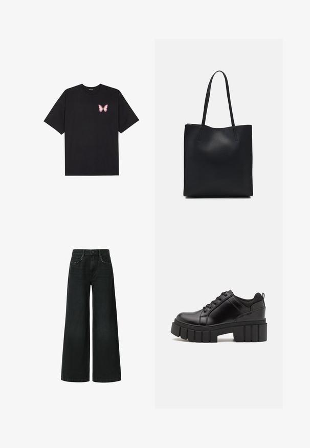 Tricou negru din bumbac cu mâneci scurte, având pe partea stângă a pieptului un mic grafic cu un fluture roz. Design cu guler rotund și croială lejeră.; Jeanși negri evazați din denim, cu un design clasic cu cinci buzunare și cu ținte decorative lângă buzunarele din față.; Pantofi cu talpă plată din piele neagră, cu toc gros, vârf rotund și design tradițional cu șireturi. Prezintă o textură netedă și detalii minime.; Geantă tote neagră din piele, cu textură netedă, formă rectangulară și două mânere lungi. Fără hardware vizibil sau ornamente.