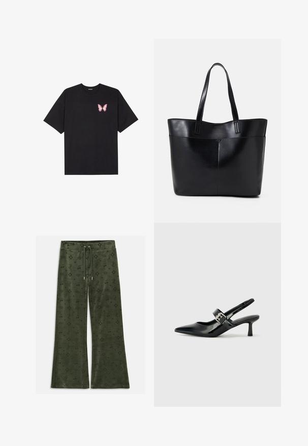 Černé bavlněné tričko s krátkým rukávem, na levém prsou s malou grafikou růžové motýlky. Design s kruhovým výstřihem a volným střihem.; Zelené sametové kalhoty s rozšířeným střihem, zdobené celoplošným vzorem, který zahrnuje koruny, třešně, srdíčka a logo, s pružným pasem a šňůrkou na stažení.; Černé lakované boty na podpatku typu slingback s špičatou špičkou a malým blokovým podpatkem, které mají na pásku stříbrný přezkový akcent.; Černá kožená taška s dlouhými ušima, hladkým povrchem a strukturovaným tvarem. Obsahuje přední kapsu pro další úložný prostor.