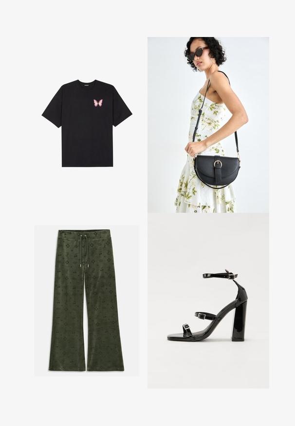 T-shirt de algodão preto com mangas curtas, apresentando um pequeno gráfico de borboleta rosa no lado esquerdo do peito. Design de gola redonda com um corte solto.; Calças de veludo verde com um formato flare, apresentando um padrão por toda a parte que inclui coroas, cerejas, corações e um logo, com cintura ajustável por cordão.; Sandálias de tacão preto laqueadas com bico quadrado, tiras para o tornozelo e fivelas prateadas. Apresentam um salto bloco chunky para estabilidade.; Bolsa de couro preta com forma curva, alça destacável e detalhes em dourado. A bolsa possui uma aba com detalhe de fivela.