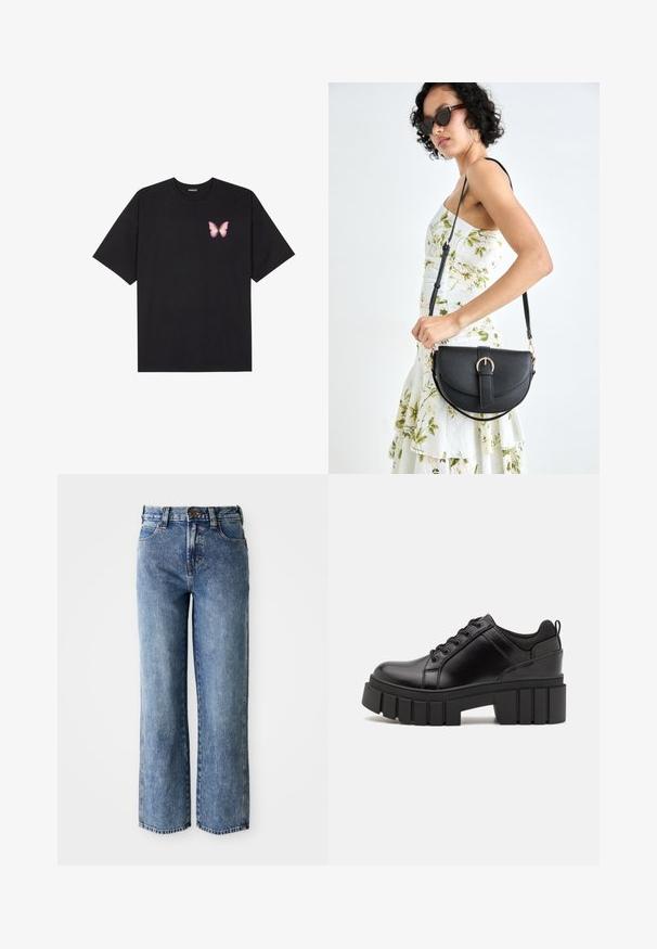 Crna pamučna majica s kratkim rukavima, s malim grafičkim prikazom ružičaste vjetricaste s desne strane na prsima. Dizajn s okruglim izrezom i opuštenim krojem.; Traperice s visokim strukom i ravnim nogavicama, plave boje, s prednjim džepovima, petljama za remen i zatvaranjem na dugme.; Crne kožne platforme s debelim blok-peta, okruglim prstima i klasičnim dizajnom vezanja. Imaju gladak tekstur i minimalne detalje.; Crna kožna torba s lukovitim oblikom, odvojivim remenom i zlatnim detaljima. Torba ima preklop s kopčom.