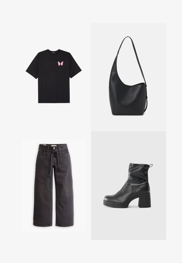 T-shirt de algodão preto com mangas curtas, apresentando um pequeno gráfico de borboleta rosa no lado esquerdo do peito. Design de gola redonda com um corte solto.; Jenas largas pretas, feitas de denim, com um cordão na cintura, cinco bolsos e detalhes de costura em contraste. Design de frente plana.; Botas de tornozelo pretas feitas de couro liso, com fecho lateral, salto grosso texturizado e design de bico arredondado.; Saco hobo preto em pele com uma textura lisa, forma curva e uma única alça ajustável; apresenta uma abertura larga na parte de cima.