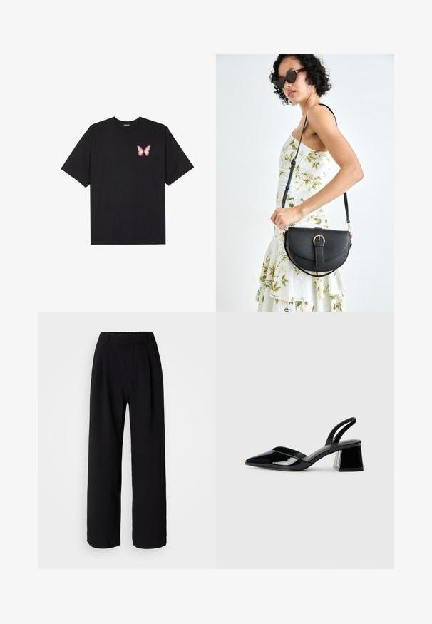 Schwarzes Baumwoll-T-Shirt mit kurzen Ärmeln, das ein kleines pinkes Schmetterlingsmotiv auf der linken Brust zeigt. Crewneck-Design mit einem entspannten Schnitt.; Schwarze weit geschnittene Hosen aus einem glatten Stoff. Mit einem figurbetonten Bund und vorderen Falten für zusätzliches Volumen. Maßgeschneiderter Schnitt.; Schwarze Lackleder-Slingback-High Heels mit spitzem Schuh und einem geometrischen Blockabsatz. Verfügt über ein schlankes, minimalistisches Design und eine glatte Textur.; Schwarze Lederhandtasche mit geschwungener Form, abnehmbarem Tragegurt und goldenen Beschlägen. Die Tasche verfügt über einen Deckel mit einer Schnallen-Details.