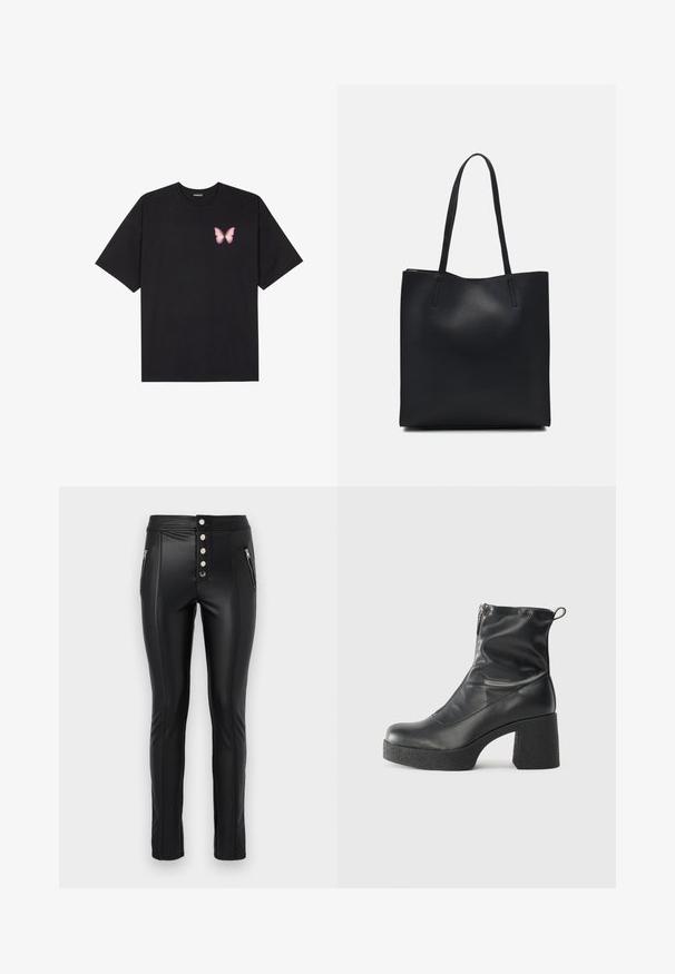 Black cotton t-shirt with short sleeves, featuring a small pink butterfly graphic on the left chest. Crew neck design with a relaxed fit.; Black faux leather pants with a high waist, five metallic buttons, zippered side pockets, and fitted design. Features visible stitching details.; Black ankle boots made of smooth leather, featuring a side zipper, chunky textured heel, and rounded toe design.; Black leather tote bag with smooth texture, rectangular shape, and two long handles. No visible hardware or embellishments.
