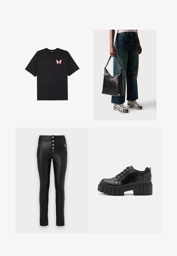 Black cotton t-shirt with short sleeves, featuring a small pink butterfly graphic on the left chest. Crew neck design with a relaxed fit.; Black faux leather pants with a high waist, five metallic buttons, zippered side pockets, and fitted design. Features visible stitching details.; Black leather platform shoes with a chunky block heel, round toe, and traditional lace-up design. Features smooth texture and minimal detailing.; Black leather shoulder bag with a smooth texture and adjustable strap, paired with faded wide-leg jeans and athletic sneakers.