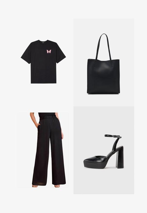 Černé bavlněné tričko s krátkým rukávem, na levém prsou s malou grafikou růžové motýlky. Design s kruhovým výstřihem a volným střihem.; Černé široké kalhoty s uvolněným elastickým pasem, bočními kapsami a hladkým, lehkým materiálem, který elegantně splývá.; Černé platformové podpatky s špičatou špičkou a nastavitelným kotníkovým popruhem. Vyrobeny z hladké kůže, s masivním blokovým podpatkem.; Černá kožená taška přes rameno s hladkým povrchem, obdélníkovým tvarem a dvěma dlouhými uchy. Žádné viditelné kování ani ozdoby.