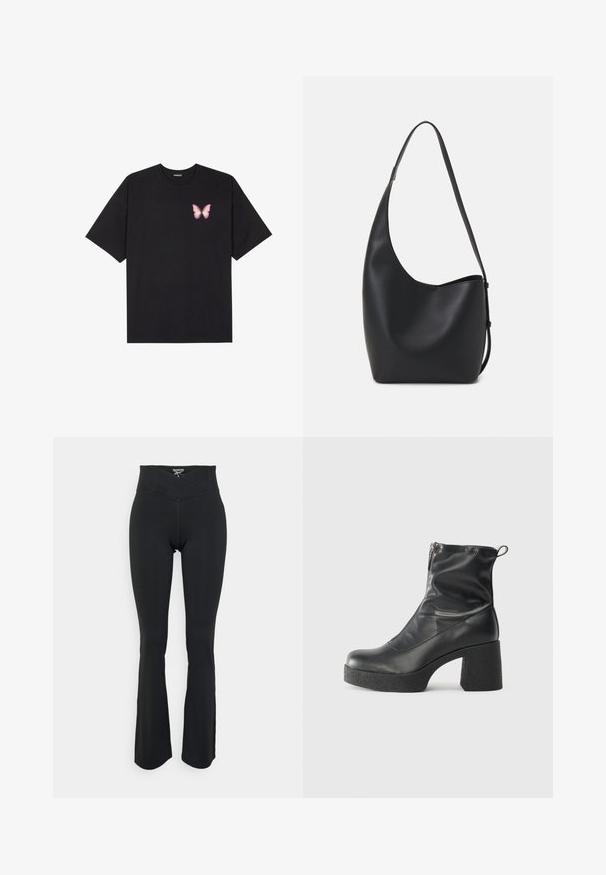 T-shirt de algodão preto com mangas curtas, apresentando um pequeno gráfico de borboleta rosa no lado esquerdo do peito. Design de gola redonda com um corte solto.; Leggings pretos com corte fluido feitos de material elástico. Apresenta uma cintura alta com um detalhe de costura em ângulo. Textura suave sem logótipos visíveis.; Botas de tornozelo pretas feitas de couro liso, com fecho lateral, salto grosso texturizado e design de bico arredondado.; Saco hobo preto em pele com uma textura lisa, forma curva e uma única alça ajustável; apresenta uma abertura larga na parte de cima.