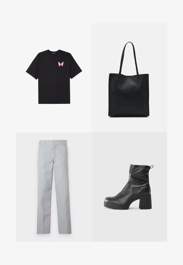 Crna pamučna majica s kratkim rukavima, s malim grafičkim prikazom ružičaste vjetricaste s desne strane na prsima. Dizajn s okruglim izrezom i opuštenim krojem.; Svijetlosive hlače ravnog kroja, izrađene od glatke tkanine. Imaju pojas i prednje nabore za sofisticirani izgled.; Crne gležnjače od glatke kože, s bočnim zatvaračem, debelim teksturiranim potplatom i dizajnom s zaobljenim prstima.; Crna kožna torba za nošenje s glatkom teksturom, pravokutnim oblikom i dvije duge ručke. Nema vidljivih metalnih dijelova ili ukrasa.