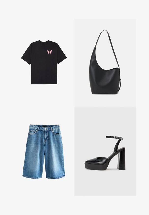 Črna bombažna majica s kratkimi rokavi, ki ima majhen roza metuljček na levi strani prsnega dela. Majica s krožnim ovratnikom in sproščenim krojem.; Next Kratke hlače iz džinsa - dark blue; Črne platforme z visokimi petami in koničastim nosom ter nastavljivim gležnjenjskim trakom. Narejene iz gladke usnje, s kockasto peto.; Črna usnjena hobo torba z gladko teksturo, ukrivljeno obliko in eno nastavljivo naramnico; ima širok odprtina na vrhu.