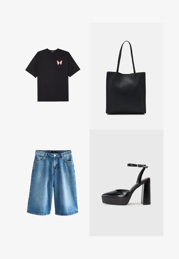 Must muströöpidega must puuvillane T-särk, vasakul rinnal on väike roosa liblikas. Ümar kaelus ja vabalt istuv lõige.; Next Lühikesed teksad - dark blue; Mustad platvormi kontsad terava ninaga ja reguleeritava pahkluuraamiga. Valmistatud siledast nahast, funktsioneerib massiivse plokknäheeliga.; Mustast nahast kott sujuva tekstuuriga, ristkülikukujuline ja kahe pika sangaga. Pole nähtavat riistvara ega kaunistusi.