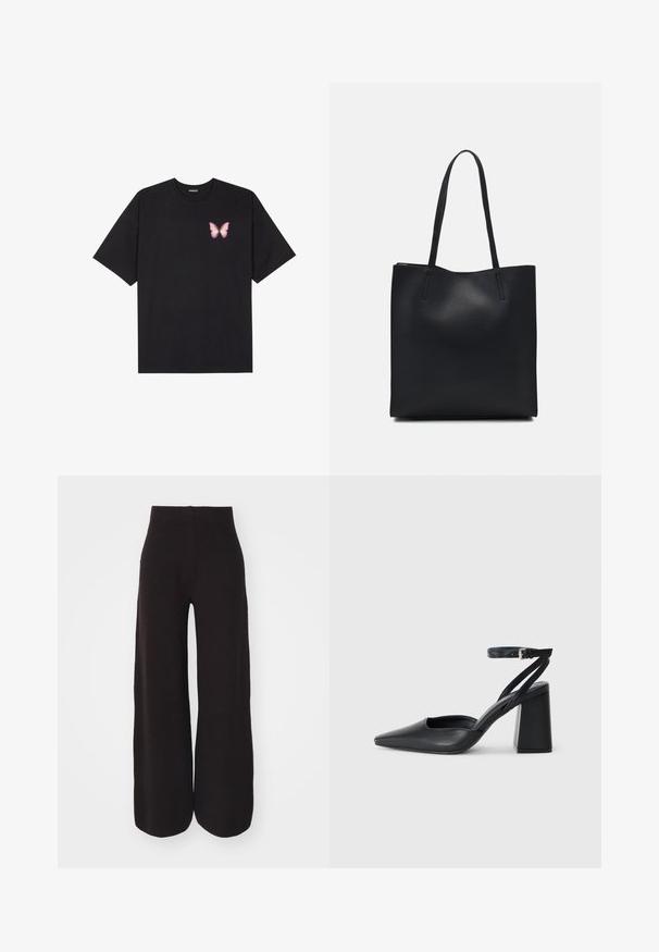 T-shirt en coton noir à manches courtes, avec un petit graphique de papillon rose sur la poitrine gauche. Modèle à col rond avec une coupe décontractée.; Pantalon large noir en tricot côtelé, avec une taille haute et une silhouette décontractée. Texture lisse et longueur complète au niveau de l'ourlet.; Escarpin noir en cuir à bout pointu avec une bride de cheville et un talon épais. Texture lisse, design élégant et esthétique minimaliste.; Sac fourre-tout en cuir noir avec une texture lisse, de forme rectangulaire et deux longues poignées. Pas de matériel ou d'ornementations visibles.