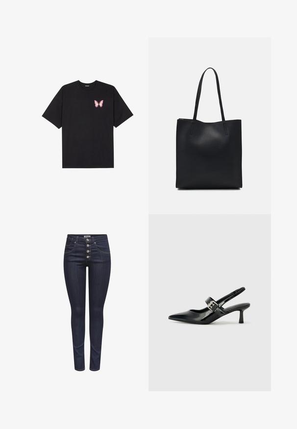 Must muströöpidega must puuvillane T-särk, vasakul rinnal on väike roosa liblikas. Ümar kaelus ja vabalt istuv lõige.; Tumedad sinised skinny teksad, mis on valmistatud denimist. Omab viit nööbi külje sulgemist, esipocketsi ja keha sukujundust koos kerge venivusega.; Mustad patenteeritud nahast sildiga kontsad, millel on terav nina ja väike plokk-konts, mille rihmal on hõbedane pandla aksessuaar.; Mustast nahast kott sujuva tekstuuriga, ristkülikukujuline ja kahe pika sangaga. Pole nähtavat riistvara ega kaunistusi.