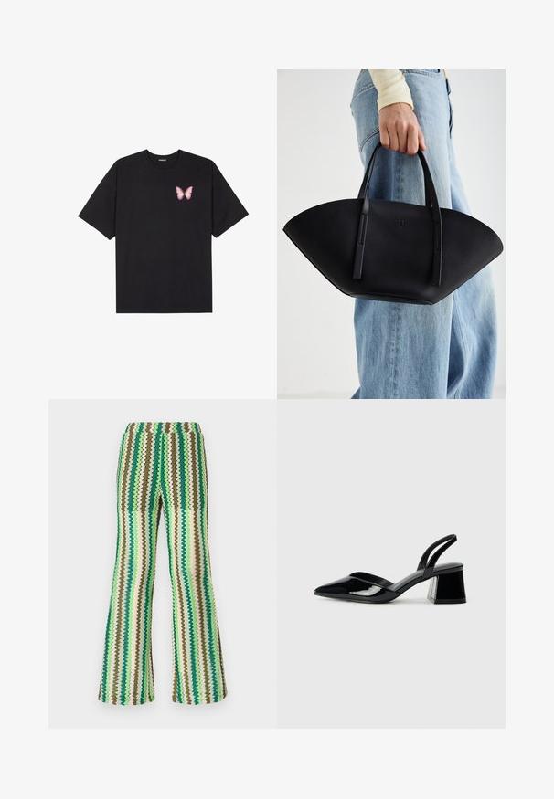 Must muströöpidega must puuvillane T-särk, vasakul rinnal on väike roosa liblikas. Ümar kaelus ja vabalt istuv lõige.; Kootud laienevad püksid, millel on rohelise, pruuni ja kreemja tooni zigzag-muster; venitatav vöökoht; tekstureeritud pind.; Mustad musta lakknahk kingad, millel on terav varvas ja geomeetriline plokkkonts. Omab elegantselt minimalistlikku disaini ja sujuvat tekstuuri.; Must mustra kott, millel on unikaalne fännikujuline disain, millel on lapikud käepidemed. Pinna tekstuur on kivikujuline ja disain on minimalistlik.