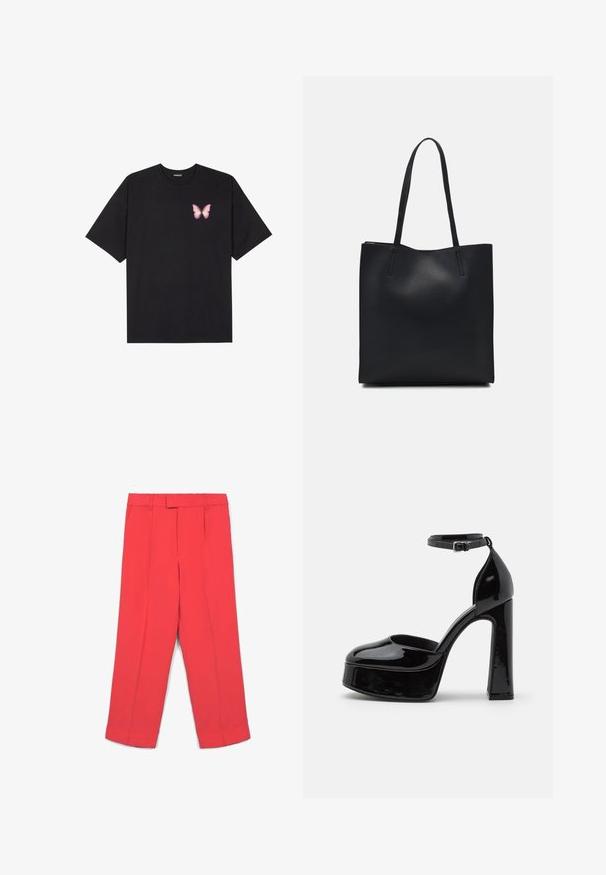 Schwarzes Baumwoll-T-Shirt mit kurzen Ärmeln, das ein kleines pinkes Schmetterlingsmotiv auf der linken Brust zeigt. Crewneck-Design mit einem entspannten Schnitt.; Rote weit geschnittene Hosen mit glatter Textur, mit einem gefalteten Vorderteil, Gürtelschlaufen und einem umgeschlagenen Saum.; Schwarze Lackleder-Plateau-Absätze mit einem Knöchelriemen, runder Zehenform und Blockabsatz, die eine glatte, glänzende Textur präsentieren.; Schwarze Laptoptasche aus Leder mit glatter Textur, rechteckiger Form und zwei langen Griffen. Keine sichtbaren Beschläge oder Verzierungen.