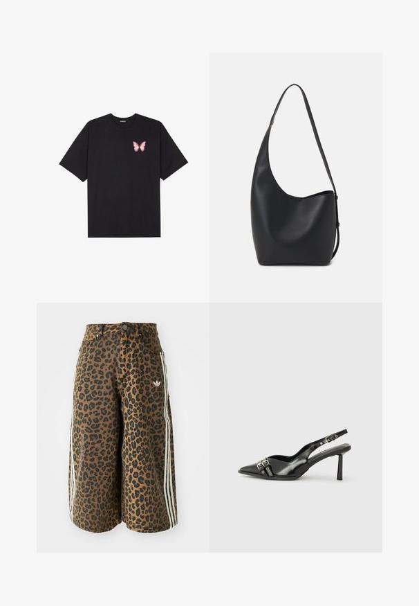 Black cotton t-shirt with short sleeves, featuring a small pink butterfly graphic on the left chest. Crew neck design with a relaxed fit.; Brown wide-leg shorts with black leopard print, white side stripes, button closure, front pockets, and a small Adidas logo on the right side.; Black patent leather slingback shoe with pointed toe, ankle straps featuring silver buckles and hardware, and a slender heel.; Black leather hobo bag with a smooth texture, curved shape, and single adjustable strap; features a wide opening at the top.