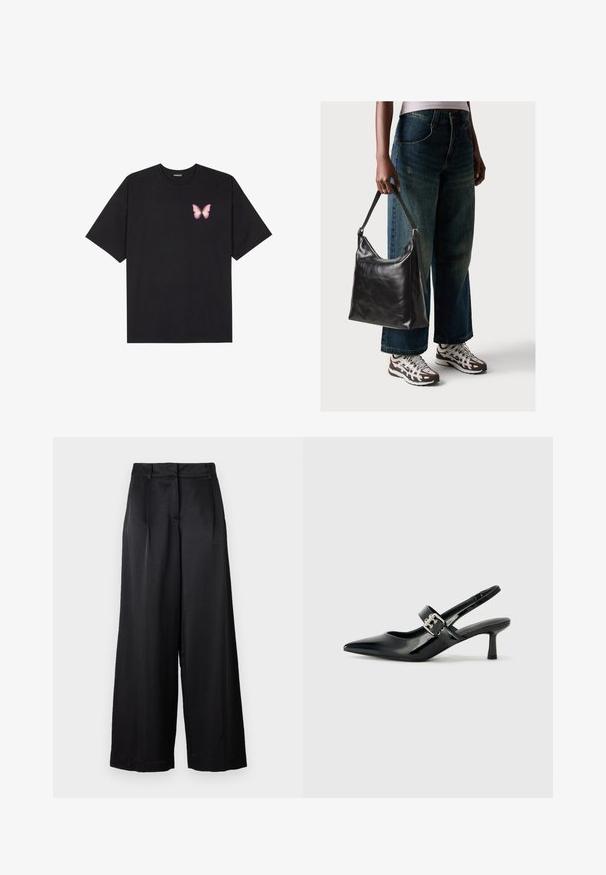 T-shirt en coton noir à manches courtes, avec un petit graphique de papillon rose sur la poitrine gauche. Modèle à col rond avec une coupe décontractée.; Pantalons larges noirs en tissu lisse, doté d'une taille haute, de plis avant et d'une coupe ample. Design simple et épuré sans motifs.; Escarpins slingback en cuir verni noir avec un bout pointu et un petit talon bloc, mettant en avant un accent en boucle argentée sur la sangle.; Sac à bandoulière en cuir noir avec une texture lisse et une bandoulière réglable, associé à un jean ample décoloré et des baskets de sport.