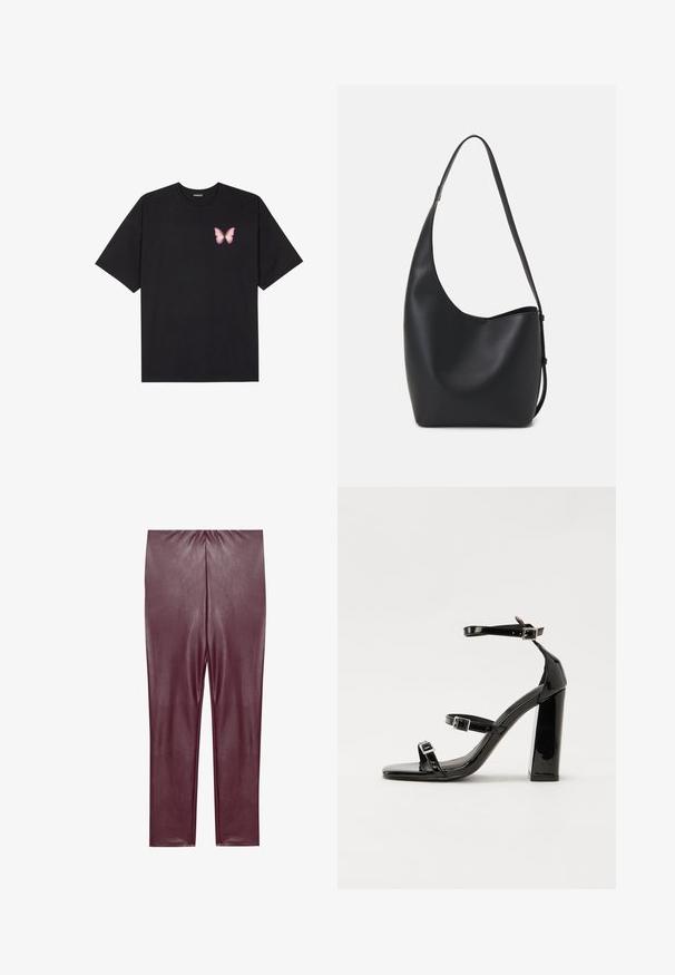 Zwarte katoenen t-shirt met korte mouwen, voorzien van een kleine roze vlinder graphic op de linkerkant van de borst. Crew neck ontwerp met een relaxte fit.; Bordeaux nep leren leggings met een gladde textuur, hoge taille en aansluitend ontwerp, dat tot aan de enkels reikt zonder extra details.; Zwarte gepatenteerde sandalen met hak en een vierkante neus, enkelbandjes en zilveren gespen. Heeft een stevige blokhak voor stabiliteit.; Zwarte leren hobo tas met een gladde textuur, kromme vorm en een enkele verstelbare schouderband; heeft een brede opening aan de bovenkant.