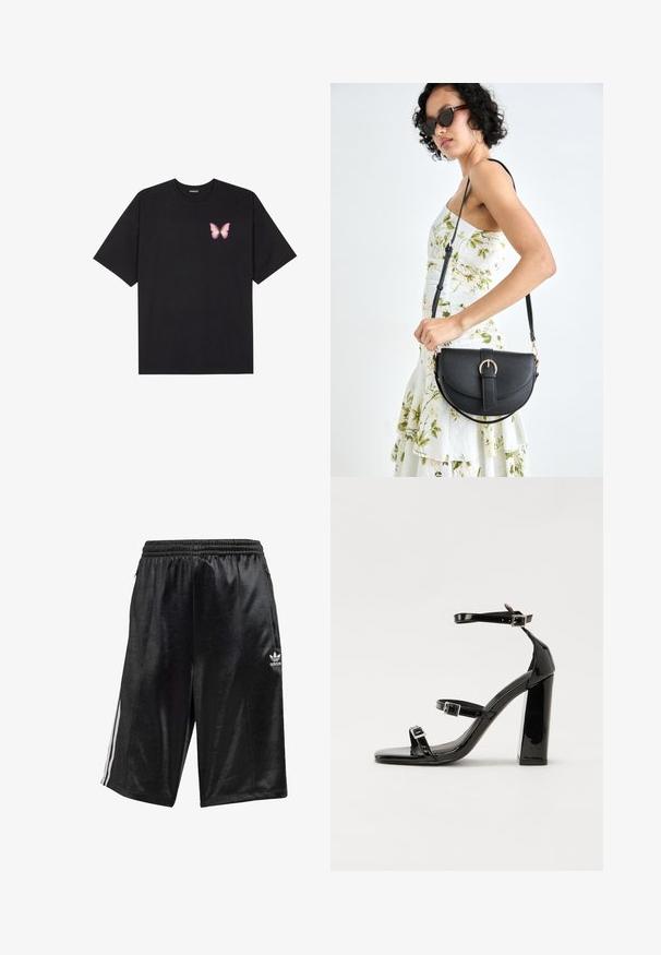 Juodas medvilnės marškinėliai trumpomis rankovėmis, su maža rožine drugelio grafika kairėje krūtinės pusėje. Apvalus kaklo iškirpimas, laisvas kirpimas.; Juodi sportiniai šortai, pagaminti iš lygaus audinio, su raišteliu liemenyje, šoninėmis kišenėmis ir trimis baltomis juostelėmis šoniniuose kraštuose.; Juoda blizgi lakuota basutė su kvadratiniu pirštu, kulkšnies dirželiais ir sidabro sagtimis. Yra tvirta blokinė kulno konstrukcija, užtikrinanti stabilumą.; Juodas odinis krepšys su išlenkta forma, nuimamu dirželiu ir auksiniais detalėmis. Krepšys turi kilpą su sagtimi.