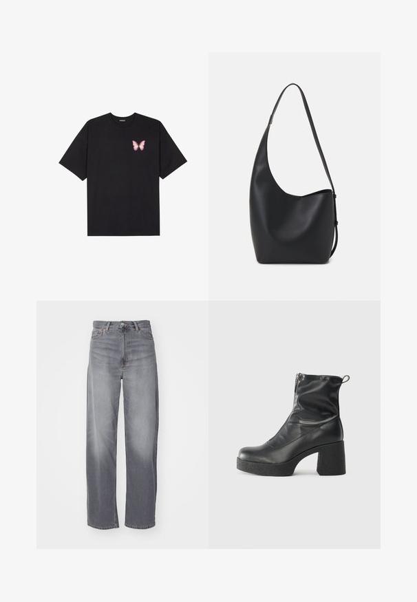 Svart bomullströja med korta ärmar, med en liten rosa fjärilsgrafik på vänster bröst. Rundad halsdesign med en avslappnad passform.; Weekday RAIL MID LOOSE STRAIGHT - Jeans straight leg - misty grey; Svarta ankelstövlar i slitstark läder, med sidodragkedja, kraftig strukturerad klack och rundad tådesign.; Svart läder hobo-väska med en slät textur, kurvig form och en justerbar axelrem; har en bred öppning upptill.