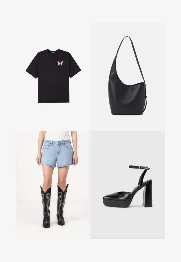 Black cotton t-shirt with short sleeves, featuring a small pink butterfly graphic on the left chest. Crew neck design with a relaxed fit.; Blue denim shorts with a classic cut, paired with black leather cowboy boots featuring white embroidered patterns and pointed toes.; Black platform heels with a pointed toe and adjustable ankle strap. Constructed from smooth leather, featuring a chunky block heel.; Black leather hobo bag with a smooth texture, curved shape, and single adjustable strap; features a wide opening at the top.