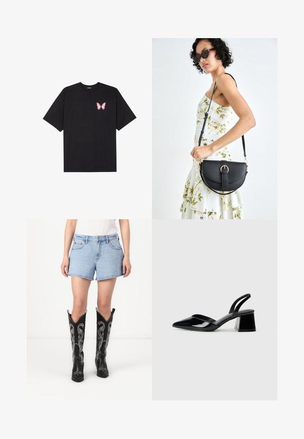 Zwarte katoenen t-shirt met korte mouwen, voorzien van een kleine roze vlinder graphic op de linkerkant van de borst. Crew neck ontwerp met een relaxte fit.; Blauwe denimshorts met een klassieke snit, gecombineerd met zwarte leren cowboylaarzen met witte geborduurde patronen en spitse neuzen.; Zwarte gepatineerde leren slingback hakken met een spitse neus en een geometrische blokhak. Kenmerkt zich door een slank, minimalistisch ontwerp en een gladde textuur.; Zwarte leren handtas met een gebogen vorm, afneembare schouderband en gouden hardware. De tas heeft een klep met een gespsluiting.