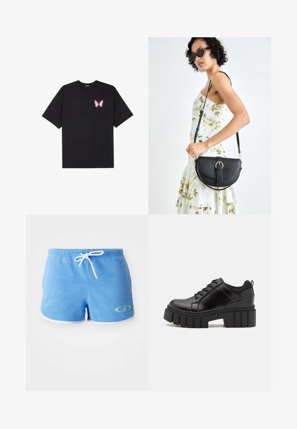 Must muströöpidega must puuvillane T-särk, vasakul rinnal on väike roosa liblikas. Ümar kaelus ja vabalt istuv lõige.; Heledad sinine puuvillane lühikesed püksid valge nööriga, valgete ääred ja rohelise aktsendiga logo alumises vasakus nurgas.; Must musta platvormsussid paksu plokkninal, ümmarguse varbaga ja traditsioonilise nööridega kinnitamisega. Sussid on sileda tekstuuriga ja minimaalsete detailidega.; Mustmust mustraha kõverate joontega, eemaldatava rihmaga ja kuldsete detailidega. Kotil on klapp, millel on pandladetail.