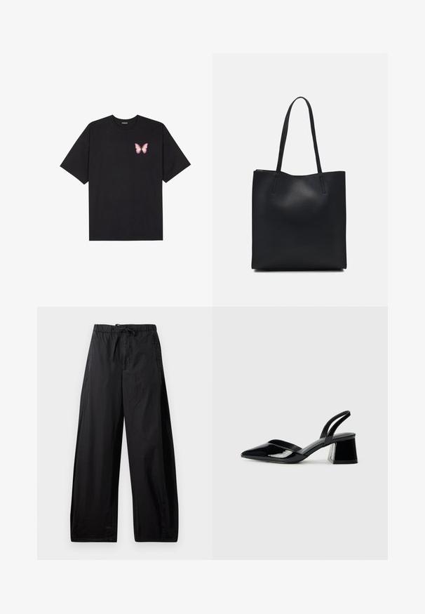 Black cotton t-shirt with short sleeves, featuring a small pink butterfly graphic on the left chest. Crew neck design with a relaxed fit.; Black, lightweight, elastic-waist pants with a drawstring, featuring a loose fit and smooth texture. No visible patterns or hardware.; Black patent leather slingback heels with a pointed toe and a geometric block heel. Features a sleek, minimal design and smooth texture.; Black leather tote bag with smooth texture, rectangular shape, and two long handles. No visible hardware or embellishments.